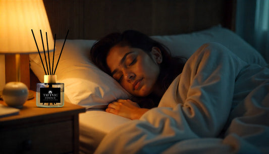 A calming bedroom setup designed to promote restful sleep and better sleep quality, helping you relax naturally and drift into deep sleep with soothing aromatherapy for improved nighttime rest.